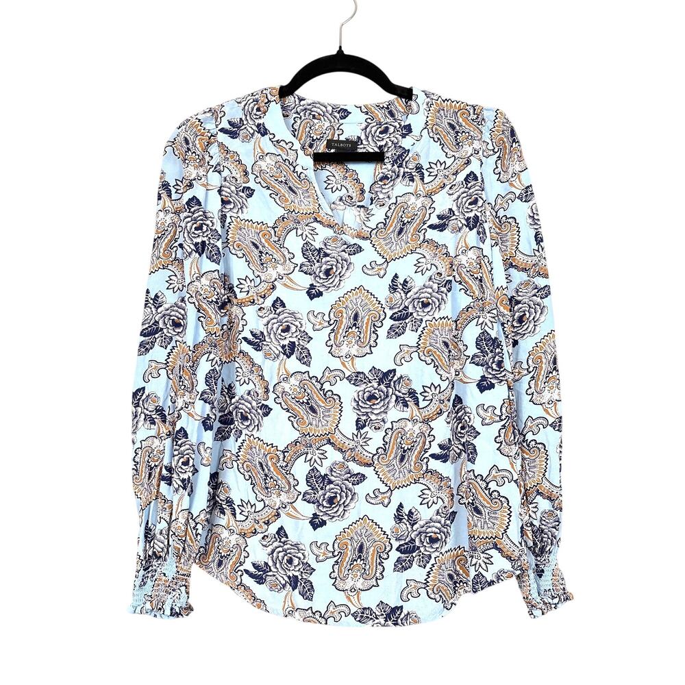 Talbots Womens XS Blue Medallion Rose Split Neck Long Sleeve Viscose Blouse